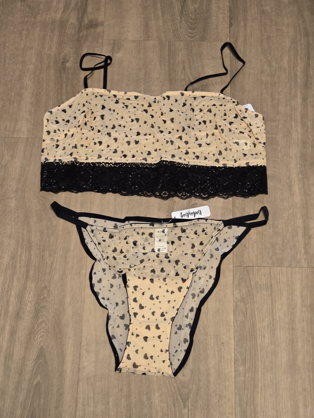 New w/ Tags - BootyBag Sheer Heart-Print Bralette & Bikini Set - Size XL
